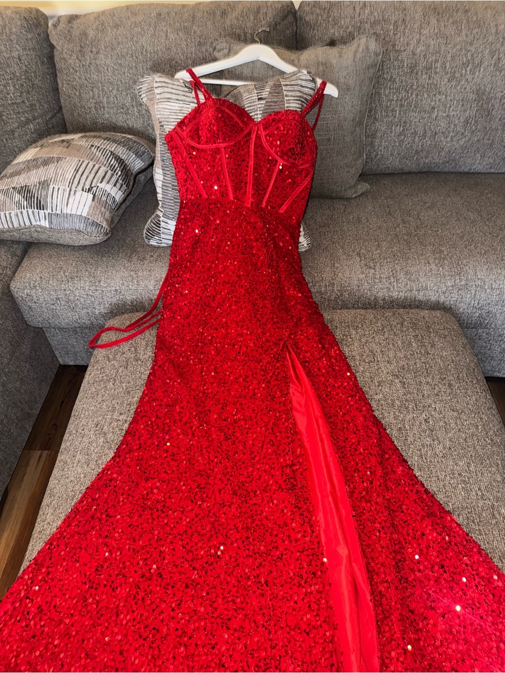 Red Sequin Evening Gown with Corset Bodice